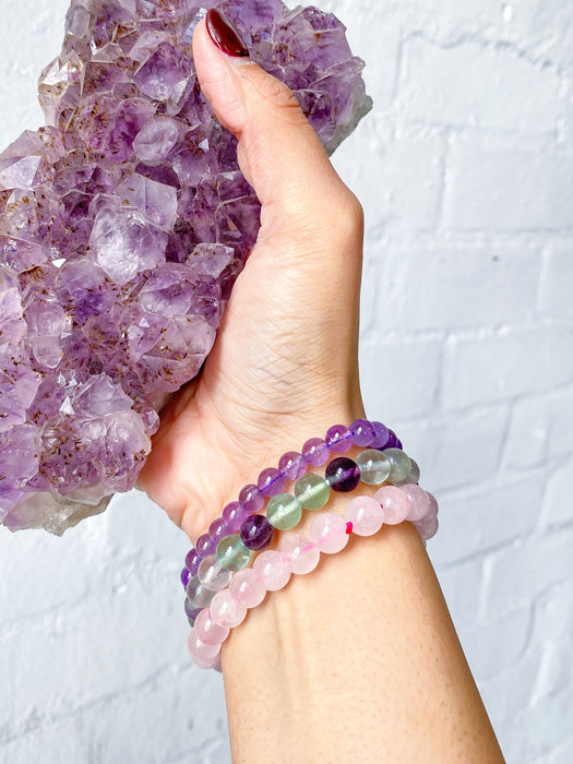 Pisces Bracelet Set :  Fluorite, Rose Quartz & Amethyst