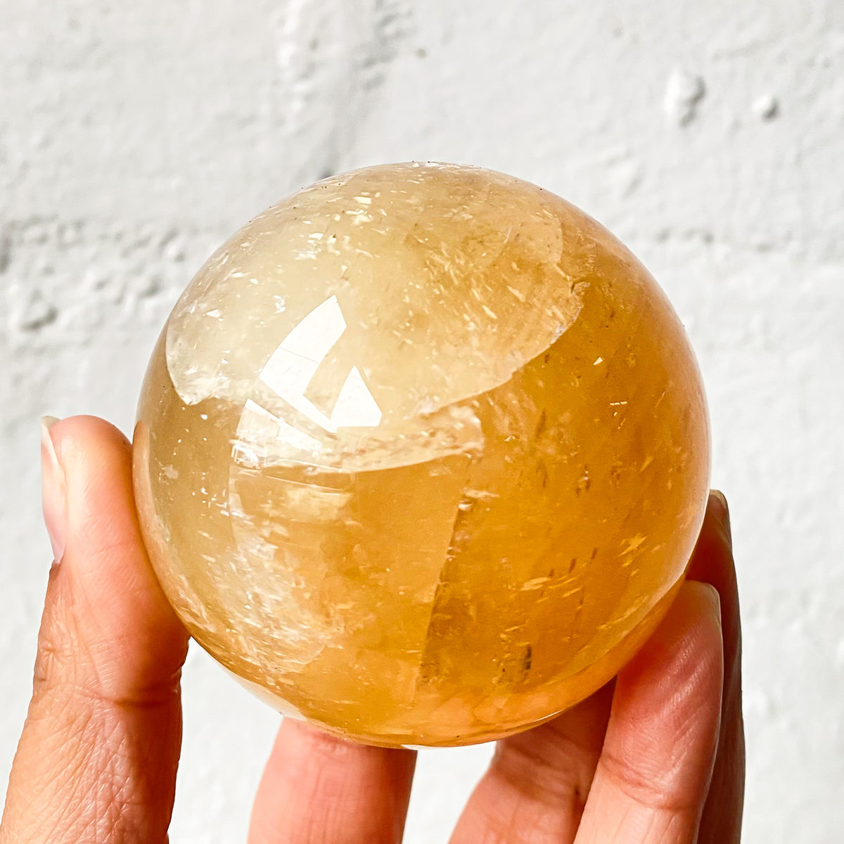 77 mm Honey Calcite Sphere on Stand // Honey Calcite // Calcite Crystal // fashion Cancer Zodiac // Root Chakra // Sacral Chakra // Third Eye