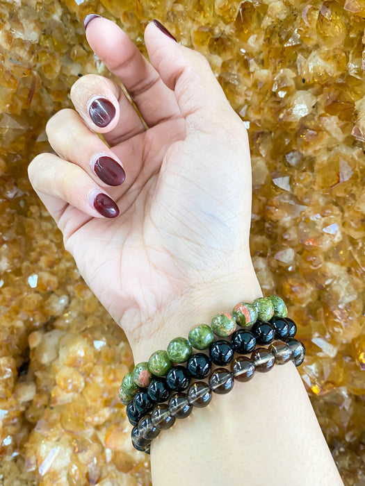 Healing Crystal Bracelet Set: Unakite, Black Tourmaline, Smokey Quartz